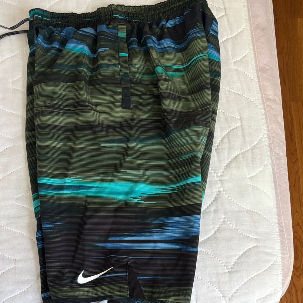 Nike Men’s Olive, Teal & Navy Horizontal Stripe Swim Trunks